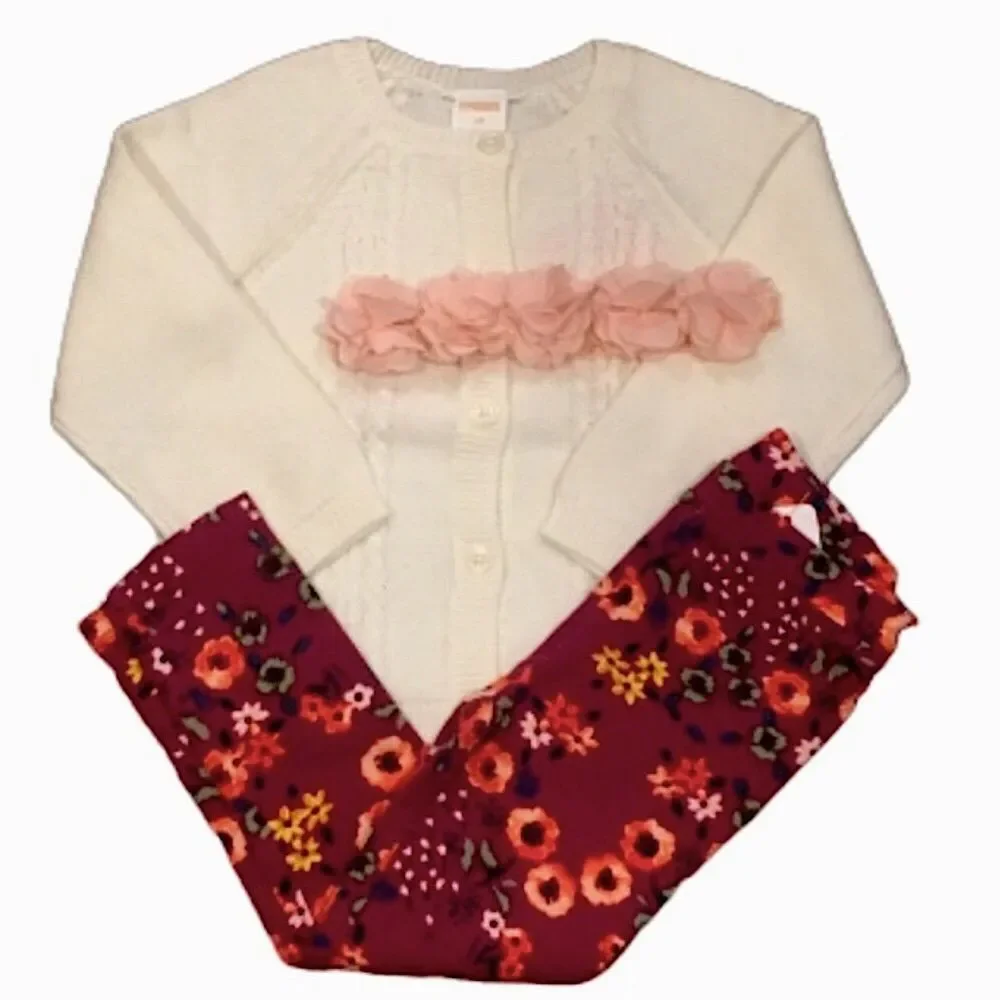 Ivory Cardigan Floral Leggings Headband Set Sz 2T - Picture 2 of 8